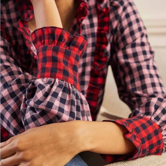 Boden Isla Frill Detail Pink and Black Plaid Cotton Flannel Button Up Shirt - Picture 4 of 10